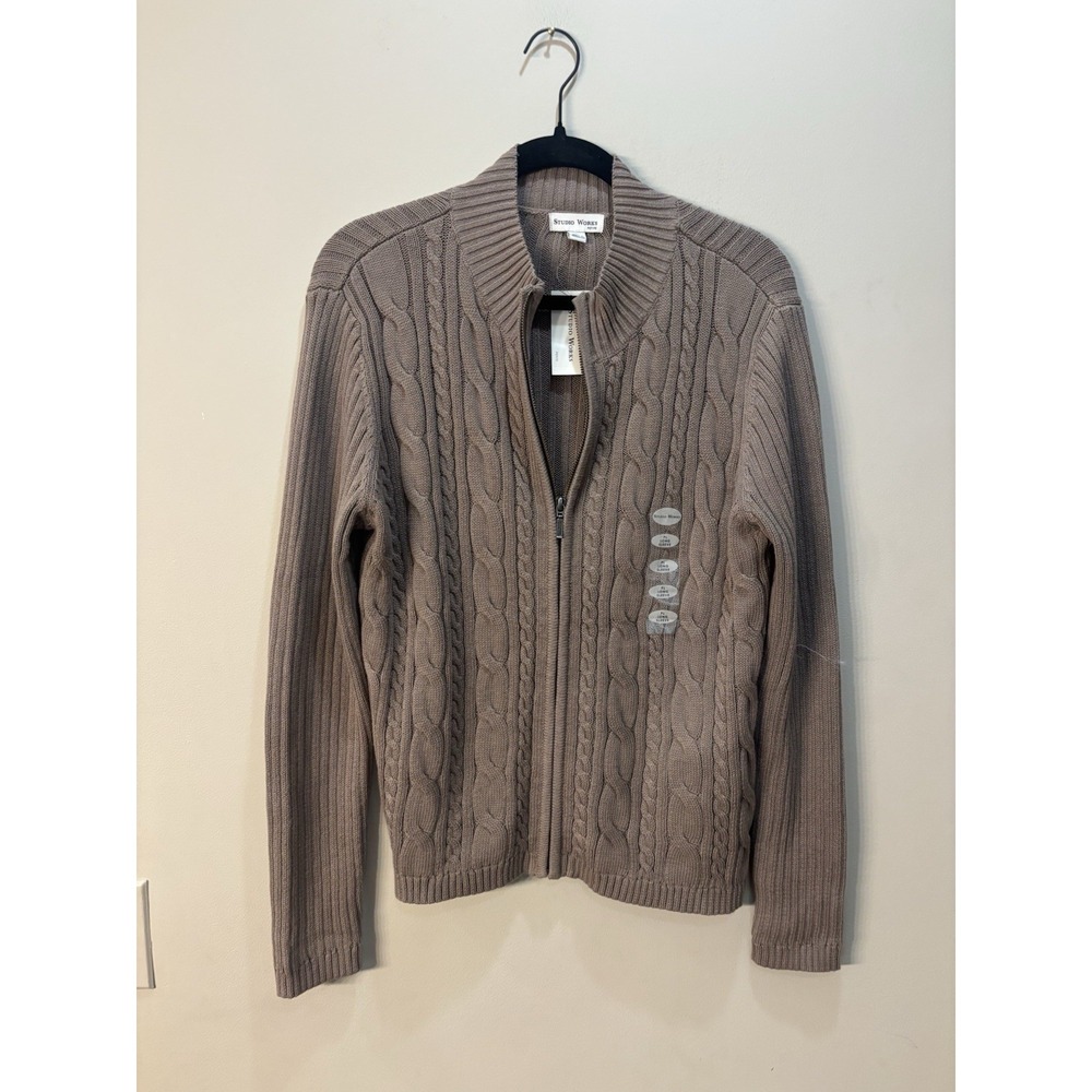 NWT Studio Works Women's Size PL Zip-Up Cotton Ribbed Knit Sweater Petite Large